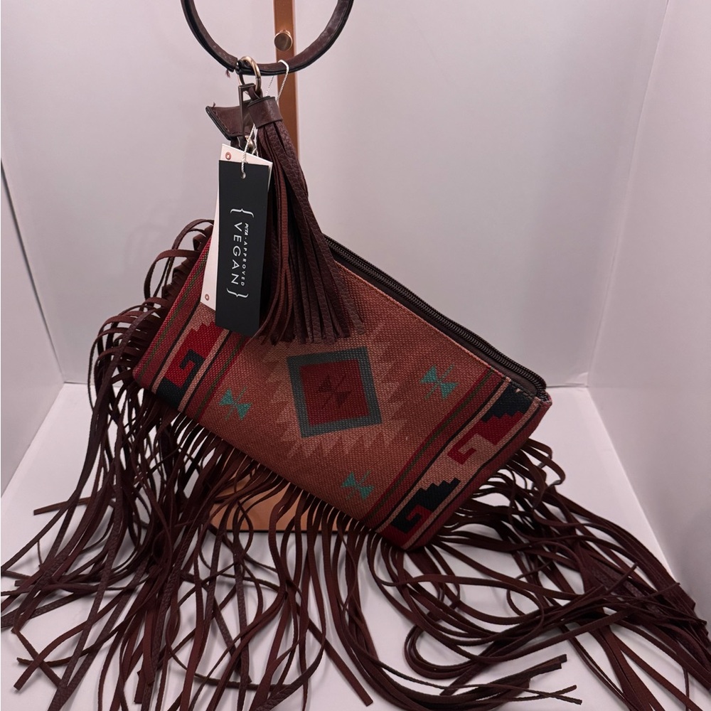 Leather Fringe Clutch - Brown and Red